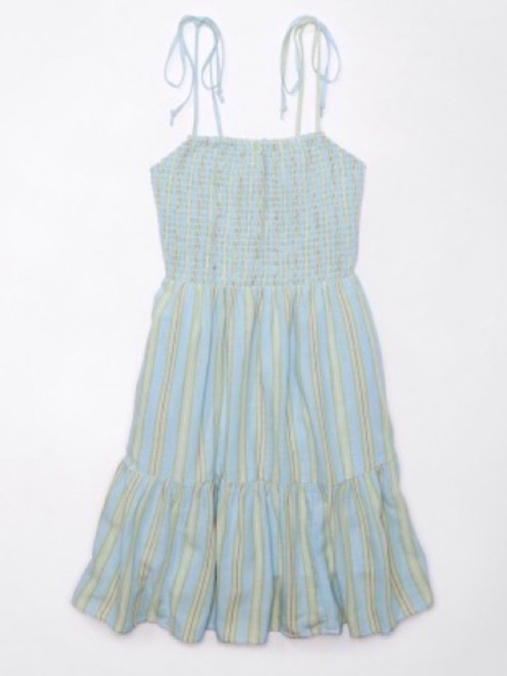 AE Light Blue Stripe Tie-Shoulder Smocked Ruffle Summer Mini Dress